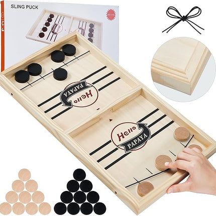 Fast Sling Puck Game - Test Your Speed and Accuracy with This Fast-Paced Wooden Air Hockey Desktop Battle Board Game - Guaranteed Fun Gifts for Family Night or Friends Party