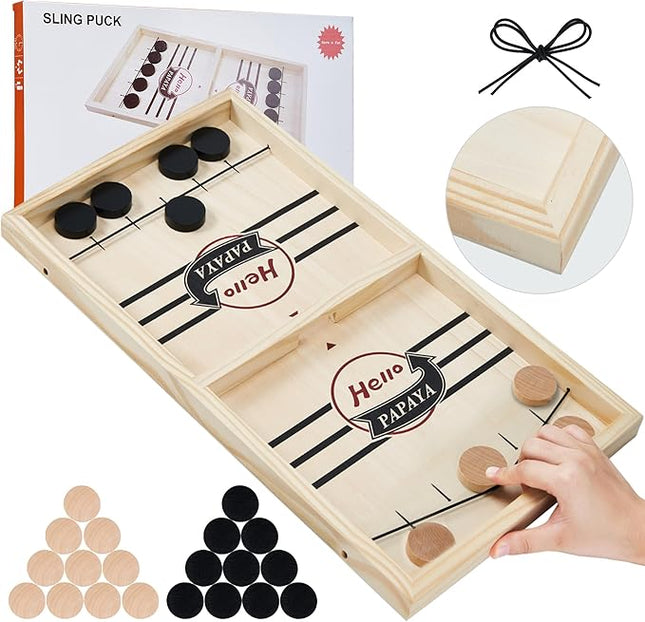 Fast Sling Puck Game - Test Your Speed and Accuracy with This Fast-Paced Wooden Air Hockey Desktop Battle Board Game - Guaranteed Fun Gifts for Family Night or Friends Party