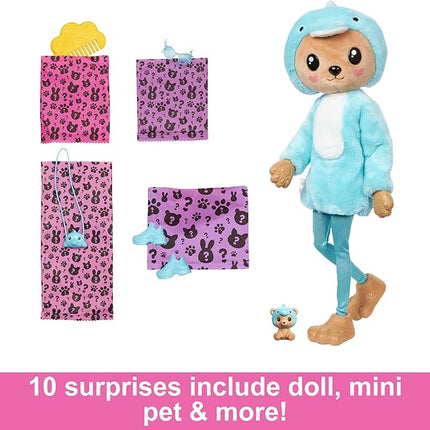 Barbie Cutie Reveal Doll & Accessories with Animal Costume & 10 Surprises Including Color Change, Teddy Bear as Dolphin in Costume-Themed Series