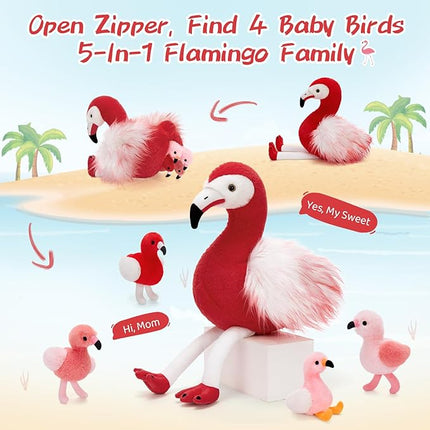 MorisMos Plush Flamingo Stuffed Animal with Baby Bird Toys Inside Belly,20" Mommy Stuffed Flamingo Toy for Girl Boy Kid,Red Bird with Babies Gift for Birthday Party Decoration Baby Shower Christmas