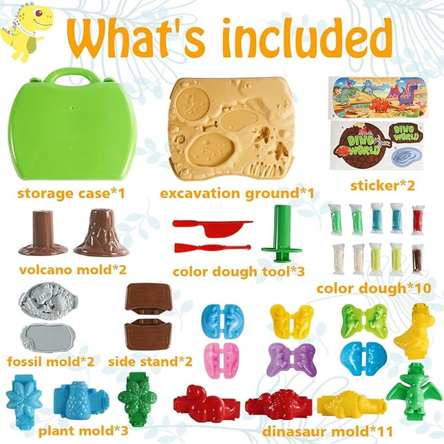 Dinosaur Color Dough Sets Toys, 37 Pieces Dino Theme Color Dough Tools Accessories with Volcano and Fossils for Boys and Girls