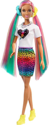 Barbie Doll Leopard Rainbow Hair with Color-Change Highlights & 16 Styling Accessories Including Clothes, Scrunchies, Brush & More