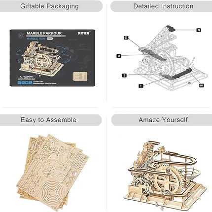 ROKR 3D Wooden Puzzles Marble Run Set - Mechanical Model Kit for Adults DIY Roller Coaster Toys Gifts for Adult (Marble Parkour)