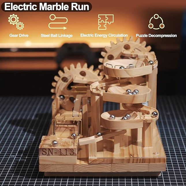Wooden Marble Run Electric Motorized, Electric Model Kit Marble Run Brain Teaser Wooden Puzzles Building Toy, 3D Wooden Puzzles for Adults and Kids to Build