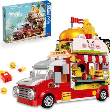 Piggy Burger Truck Building Set, 566PCS Creative Fast Food Truck Playset Compatible with Lego City Car, Imaginative Pretend Play Toys Gift for Kids Ages 6+