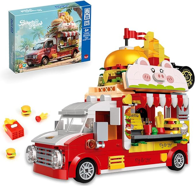 Piggy Burger Truck Building Set, 566PCS Creative Fast Food Truck Playset Compatible with Lego City Car, Imaginative Pretend Play Toys Gift for Kids Ages 6+