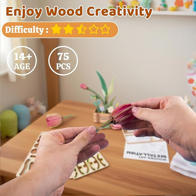 3D Wooden Flower Puzzles for Adults Pink Tulip, DIY Artificial Flower Building Set Wooden Bloom Craft Kits Home Decoration, for Women Mom Birthday Thanksgiving Christmas Valentine's Day