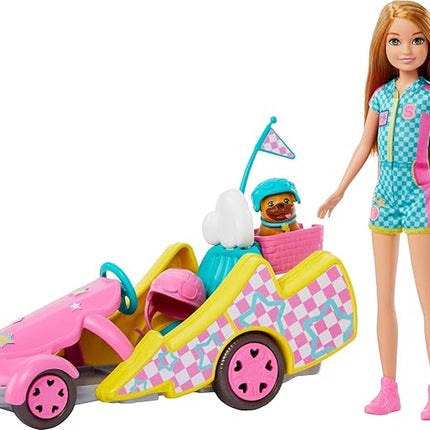 Barbie Stacie Doll with Go-Kart Car with Rolling Wheels, Dog, Accessories, & Sticker Sheet, 9-Piece Toy Set