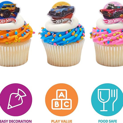 Hot Wheels™ Rings | 24 Epic Stunt Cupcake Toppers | DecoPac Hot Wheels Cars Cake Decorations, Multi-colored, Food Safe & Ready To Use - 24 Pack