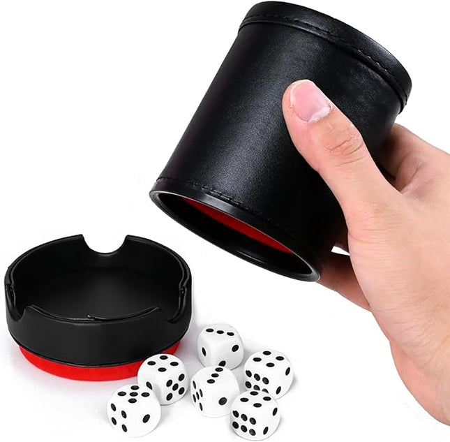 Dice Cup with Lid, PU Leather and Felt-Lined, Quiet Shaker for Yahtzee Farkle Dice Board Games, Set of Six 16mm Dice Included