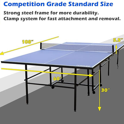 Table Tennis Table Mid-Size, Foldable Ping Pong Table Top Full Size with 2 Paddles, 2 Balls, 1 Net & 4 Wheels, Folding Table Tennis for Indoor & Outdoor, Quick Assembly to Support Multiplayer