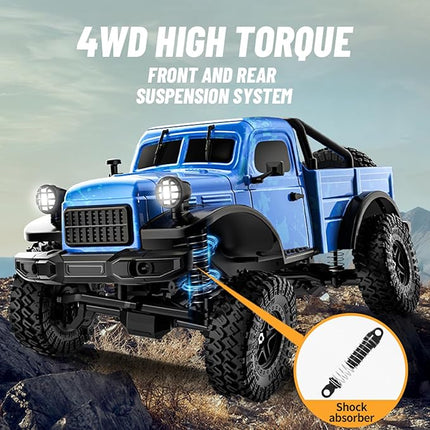 1:18 Scale All Terrain Remote Control Car, 2.4 GHz 4WD RC Rock Crawler with LED Lights, 12KPH Off-Road Pickup Truck Vehicle Toys RTR Gift for Adults