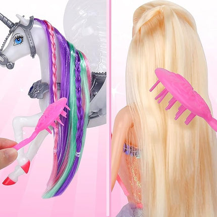 Yellow River Color Changing Unicorn & Princess Doll, Color Change on Whole Unicorn Under Sunshine, 12'' Doll and 11'' Unicorn Toys & Gifts with Removable Saddle & Wings for Girls
