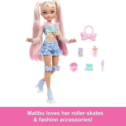 Barbie Dream Besties Doll and Accessories, Barbie "Malibu” Posable Roller Skating Fashion Doll with Blonde Hair, 9 Makeup Themed Pieces