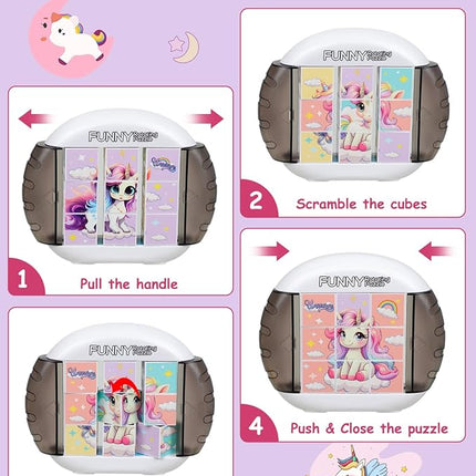 Rotating 3D Puzzle for Kids 3 4 5 6 7 Year Old, 4 Puzzles in 1, Handheld Game Fidget Toys for Travel, Cars & Plane, Fine Motor Skills Developing (Magical Unicorn Squad)