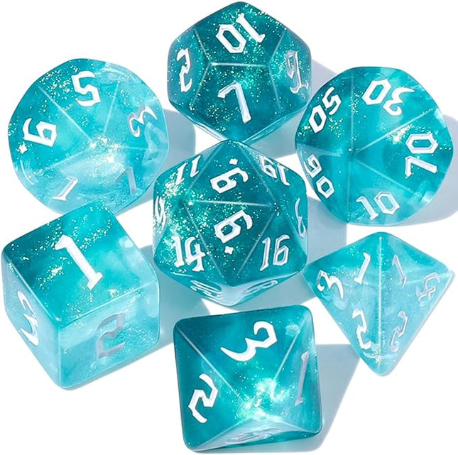CiaraQ DND Polyhedral Dice Set for Dungeons and Dragons RPG MTG Role Playing Table Games-with 1 Dice Pouch (Aquamarine + Glitter)