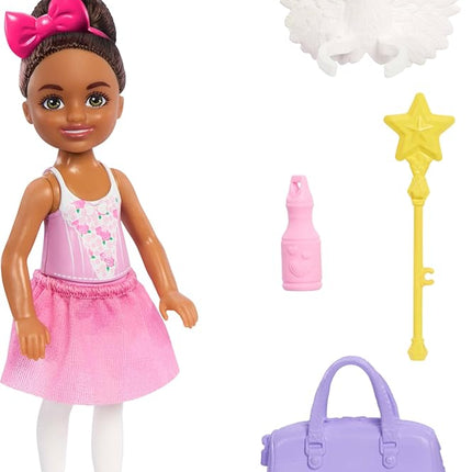 Barbie Toys, Chelsea Ballerina Set, Career Brunette Small Doll with 5 Dance-Themed Accessories Including Swan Wings