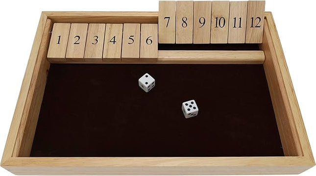 WE Games Wooden Shut The Box - Close The Box Set with 12 Number Tiles & 2 Dice Games - 13.5” Natural Wood Finish