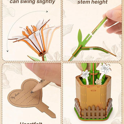 KAAYEE Wooden 3D Flower Puzzles for Adults-WhiteLily, Wooden Flowers Model Kit Set DIY Crafts to Build, Mother's Day/Botanical Collection/Ideal Creative Gift Ideas/Housewarming