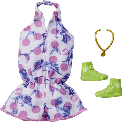 Barbie Doll Clothes Inspired by Jurassic World: Dominion, Complete Look, 2 Accessories, Shorts Romper with Pink Polka Dot & Dinosaur Print, Lime Green Boots & Necklace, Gift for Kids 3 to 8 Years Old