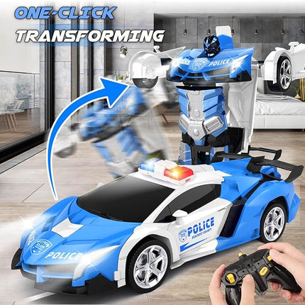 Transform Remote Control Car - Rc Cars, One-Button Transforming, 360° Rotation Drifting, 2.4ghz 1:18 Scale, Gift Kids Aged 4-6 Year Old Boys/Girls, Police Car Blue