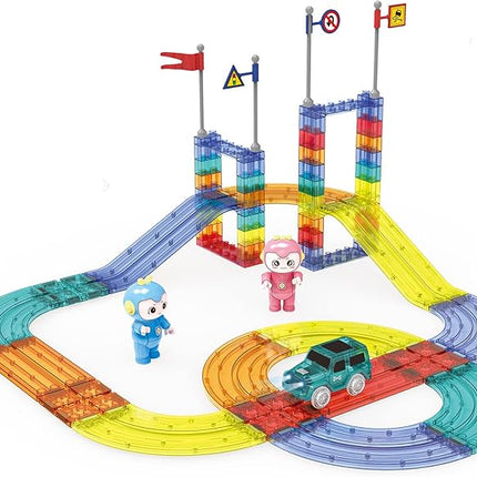 UNIQUE KIDS Race Car Track Building Block Educational Toy Set | Magnetic Tiles Magnet Playset | STEM Learning Construction Kit | Hand-Eye Coordination | Brain Development | 63 PCS