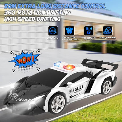 Transform Remote Control Car - Rc Cars, One-Button Transforming, 360° Rotation Drifting, 2.4ghz 1:18 Scale, Gift Kids Aged 4-6 Year Old Boys/Girls, Police Car Black
