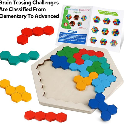 Skrtuan Wooden Blocks Puzzle for Kid Adults Brain Teaser Hexagon Puzzles Games Toy Shape Pattern Block Tangram Geometry Logic IQ STEM Montessori Educational Gift for Kids Boys Girls Challenge