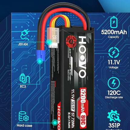 HOOVO 11.1V 3S Lipo Battery 5200mAh 80C Hard Case with EC3 Connector for RC Car Boat Truck Heli Airplane Hobby FPV Racing