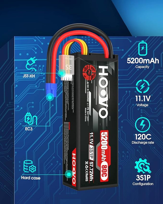 HOOVO 11.1V 3S Lipo Battery 5200mAh 80C Hard Case with EC3 Connector for RC Car Boat Truck Heli Airplane Hobby FPV Racing