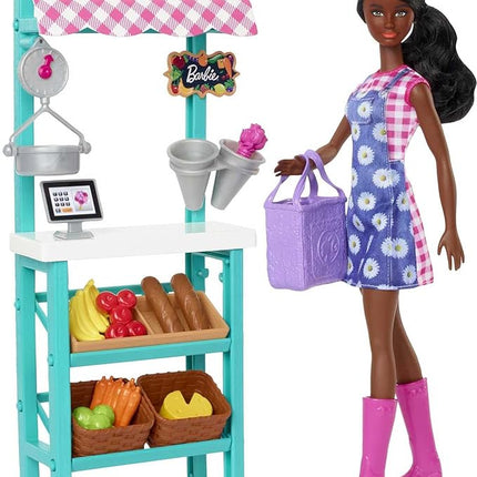 Barbie Farmers Market Playset, Barbie Doll (Brunette), Stand, Register, Vegetables, Bread, Cheese & Flowers, Great Toy for Ages 3 Years Old & Up