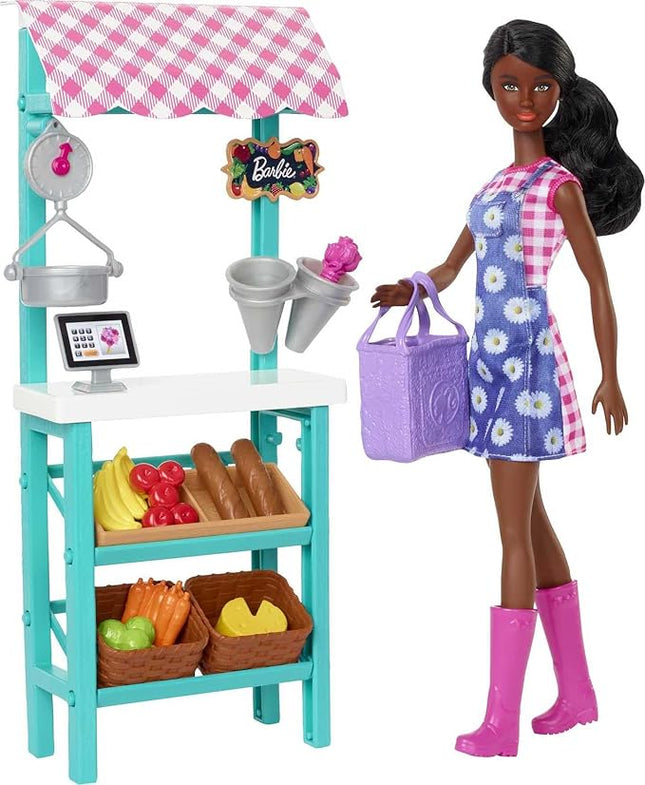 Barbie Farmers Market Playset, Barbie Doll (Brunette), Stand, Register, Vegetables, Bread, Cheese & Flowers, Great Toy for Ages 3 Years Old & Up