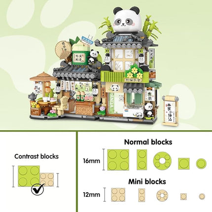 Cute Panda Mini Building Blocks Set, 860PCS MOC Mini Architecture Building Kits with Tea Shop Street View Design - STEM Educational Construction Gift for Girls Boys Kids Adults