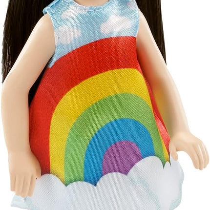 Barbie Chelsea Doll, 6-Inch Brunette Doll with Sun Headband, Rainbow Outfit, Pet Kitten, Charm Keychain & Accessories