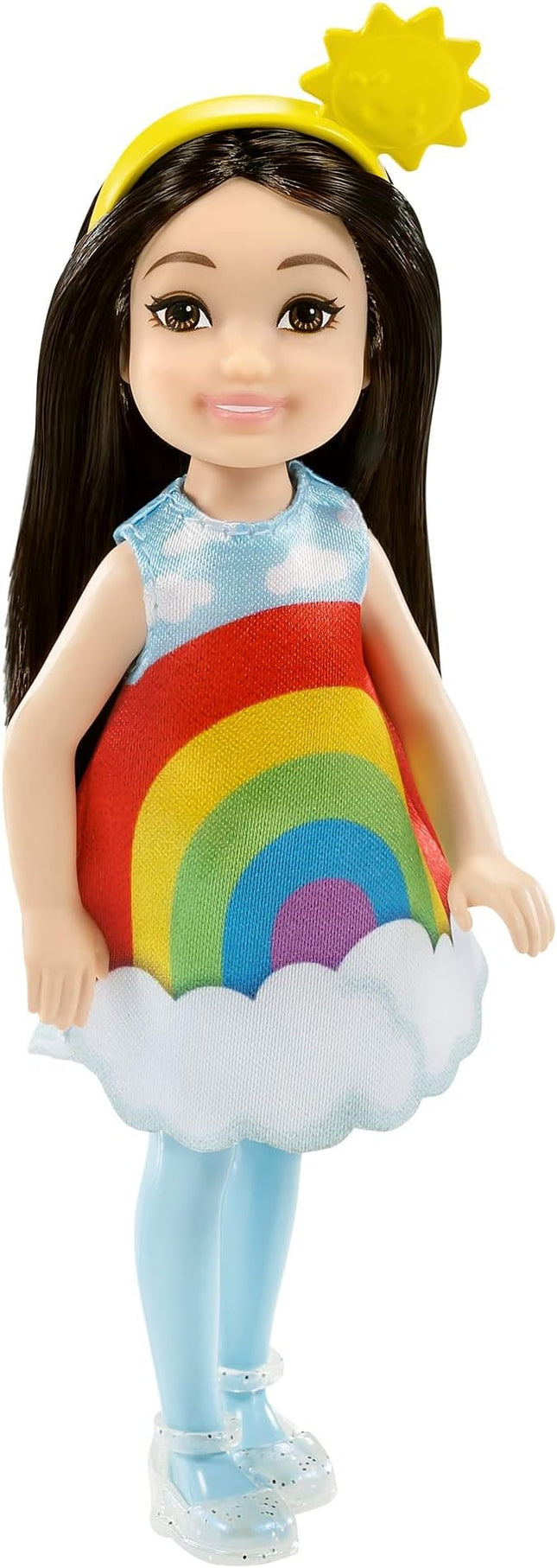 Barbie Chelsea Doll, 6-Inch Brunette Doll with Sun Headband, Rainbow Outfit, Pet Kitten, Charm Keychain & Accessories