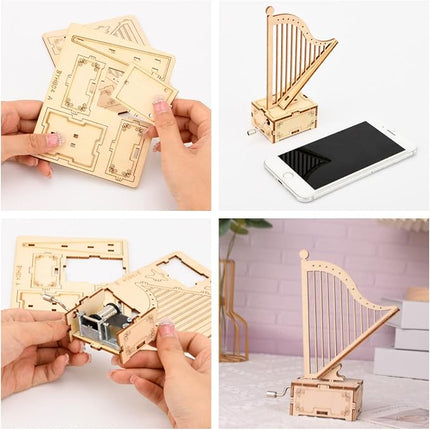 3D Wooden Puzzle Music Box Harp Hand Crank Music Box Teaser Science and Education Education DIY Kits 3D Puzzles for Adults (Harp)