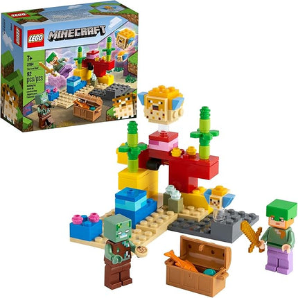 LEGO Minecraft The Coral Reef Toy Building Set 21164 Pretend Play Minecraft Toy with Alex, Puffer Fish and Zombie Figures, Ideal Gift for Kids Who Love Minecraft, Boys & Girls Age 7+ Years Old