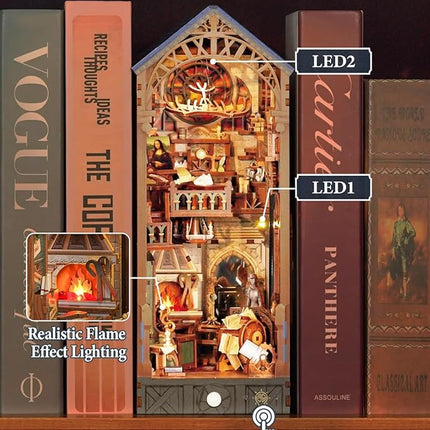 Tonecheer DIY Book Nook Kit for Adults, 3D Puzzle Wooden Miniature House Kit, Booknook Dollhouse Bookshelf Insert Decor Bookend with Dust Cover and LED Lights Gifts (Leonardo da Vinci)