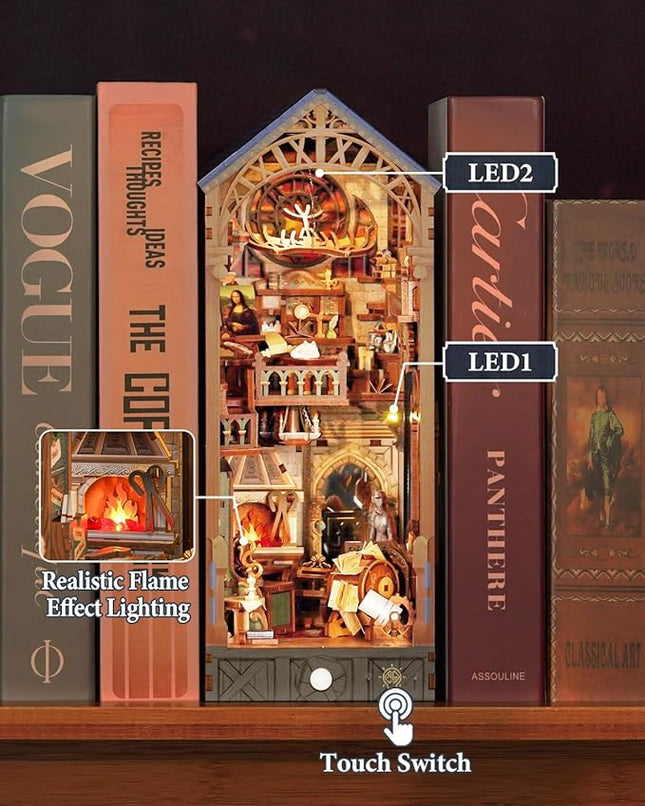 Tonecheer DIY Book Nook Kit for Adults, 3D Puzzle Wooden Miniature House Kit, Booknook Dollhouse Bookshelf Insert Decor Bookend with Dust Cover and LED Lights Gifts (Leonardo da Vinci)