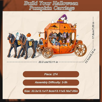 Halloween 3D Wooden Puzzles for Adults, 274 PCS Pumpkin Carriage Puzzle Kit Model with Lights, Music Box & Running Carriage, Boo Basket Stuffers Halloween Decor Indoor
