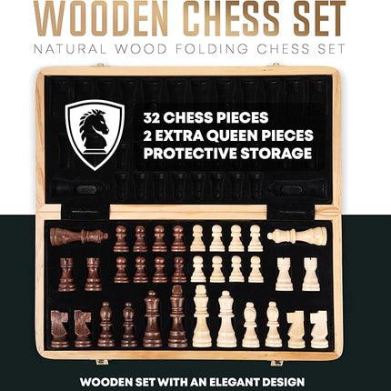 Chess Armory Wooden Chess Set 15 Inch - Classic Handcrafted Game Board for Adults and Kids with Extra Queen Pieces and Storage Box - Ideal for Home and Travel - Non-Magnetic
