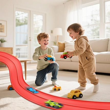 15 Ft Flexible Race Car Track, Portable Dual-Sided Race Car Track with 4 Cars & Suction Cups, Compatible with Hot Wheels & 1/64 Diecast Cars, Kids’ Car Ramp & Race Track (red)