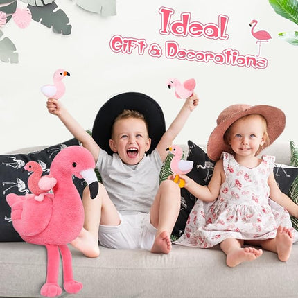 MorisMos Plush Flamingo Stuffed Animal-18 Inch Mommy Stuffed Flamingo with 4 Baby Bird Plush Toys Inside Zipper Tummy, Pink Bird Stuffed Animals Gift for Girl Women Decor Birthday Christmas Valentines