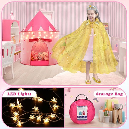 WTOR 15Pcs Princess Castle Play Tent Dress Up with LED Glow in The Dark Stars for Little Girls－Princess Dress Up Cape with Crown,Girl Play Tent/House Toy for Indoor & Outdoor Use (Yellow)