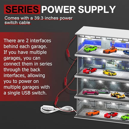 1/64 Scale Diecast Display Case for Hot Wheels Matchbox Cars, Toy Car Model Mini Garage with LED Light and Acrylic Cover, Stackable Parking Lot Diorama Storage for Collection Present