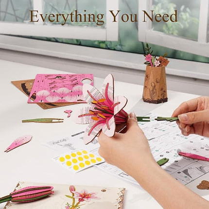 Rowood Wooden Flower Kit,DIY Artifical Flower Building Set Craft Kit for Adults,Mother's Day/Valentine's Day for Mom/Women/Grandma-Pink Lily