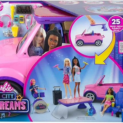 Barbie: Big City, Big Dreams Transforming Vehicle Playset, Pink 2-Seater SUV Reveals Stage, Drum Set & Concert-Themed Accessories, Gift for 3 to 7 Year Olds