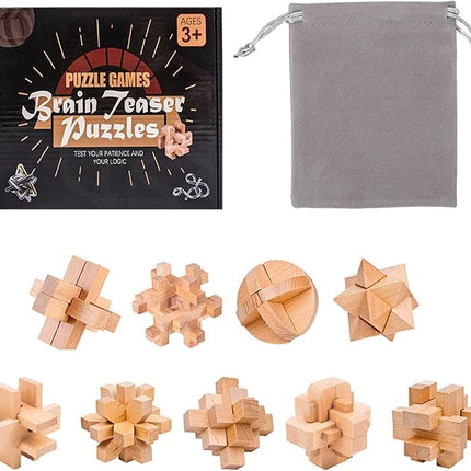 VolksRose 9pcs Wooden Brain Teaser Puzzles, IQ Challenge Puzzle Games, Logic Mind Puzzle Box Lock Toy Disentanglement 3D Small Brain Puzzle Gift Set for Adults Teenagers Kids, 1.8inch 4.5cm