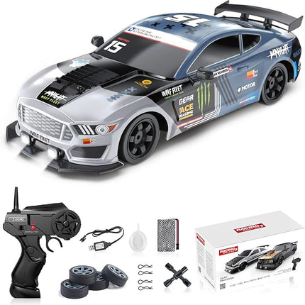 YUZ Remote Control Car RC Drift Car 1:16 Scale 4WD 18KM/H High Speed 2.4GHz 4 Model Vehicle with LED Lights Spray Racing Sport Toy Car for Adults Boys Girls Kids Gift Rechargeable Batteries, Gray