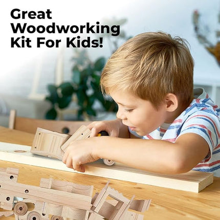 Kraftic Woodworking Building Kit for Kids and Adults, 3 Educational DIY Carpentry Construction Wood Model Kit Toy Projects for Boys and Girls - Build a Wooden Military Jet Race Car and Tractor Trailer